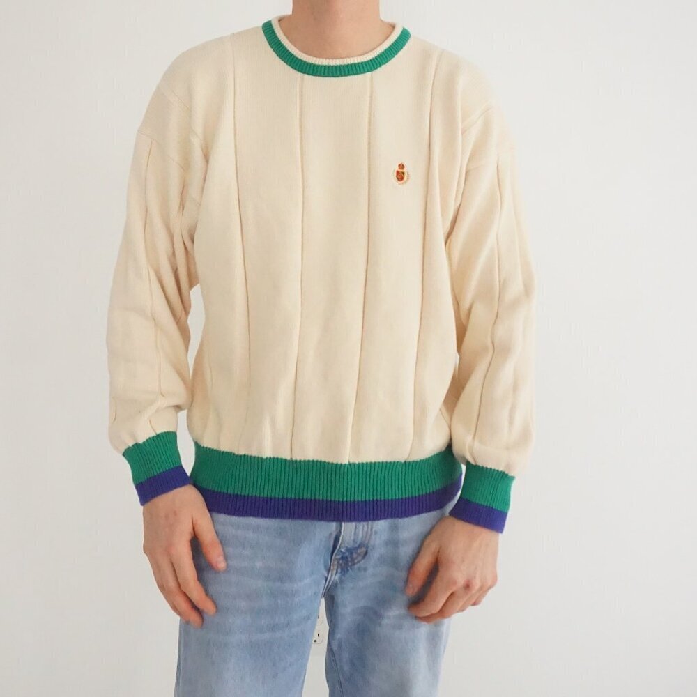 Gant Cream Cotton Ribbed Knit Sweater Green Trim Preppy Collegiate Old Money L
